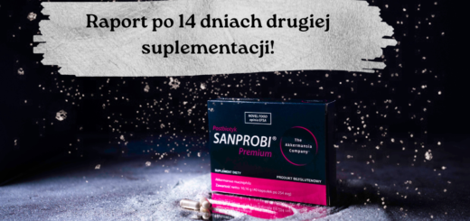 Test postbiotyku. NA obrazku opakowanie Sanprobi Premium. Na opakowaniem napis: raport po 14 dniach drugiej suplementacji!