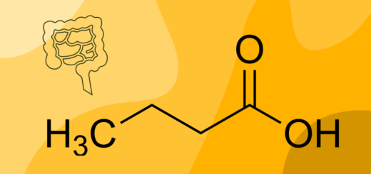 Na żółtym tle widać maślan w postacie wzoru chemicznego oraz grafiikę przedstawiającą jelita.