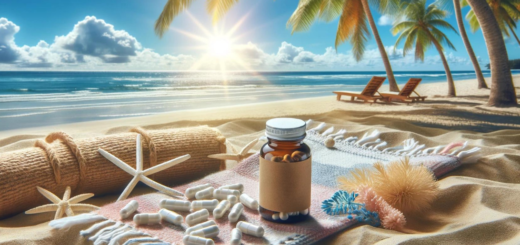 Na zdjęciu widać słońce, palmy, niebieskie niebo i piaszczystą plażę. Na pierwszym planie jest koc rozłożony na piasku, a na kocu rozsypane kapsułki probiotyków. Obok nich stoi buteleczka probiotyków.