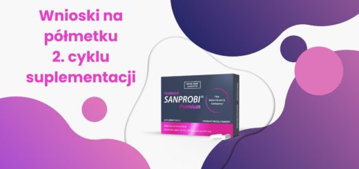 Na biało-fioletowym tle napis: Wnioski na półmetku suplementacji, Poniżej opakowanie Sanprobi Premium