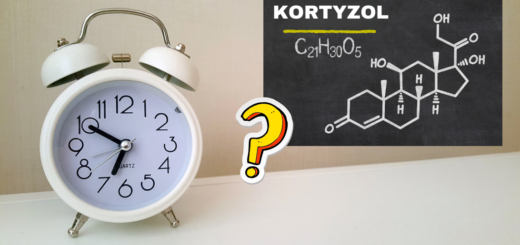 NA obrazku widać zegar, znak zapytania oraz wzór chemiczny kortyzolu.