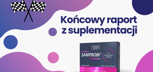 Na zdjęciu widać opakowanie postbiotyku Sanprobi Premium i napis: Końcowy raport z suplementacji