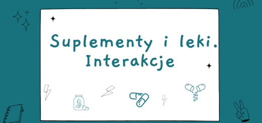 Białe tło na turkusowym z napisem: "Suplementy i leki. Interakcje"