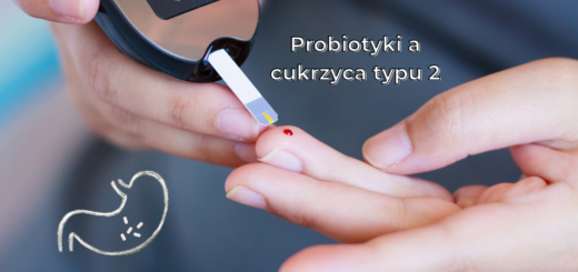 Osoba mierząca poziom glukozy we krwi za pomocą glukometru. Kropla krwi na palcu. Na zdjęciu widoczny napis „Probiotyki a cukrzyca typu 2” oraz grafika przedstawiająca stylizowany rysunek żołądka – symbol mikrobioty.