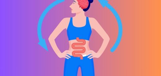 Ilustracja kobiety w stroju sportowym z graficznym przedstawieniem mózgu i jelit połączonych strzałkami, symbolizującymi dwukierunkową oś jelito–mózg.