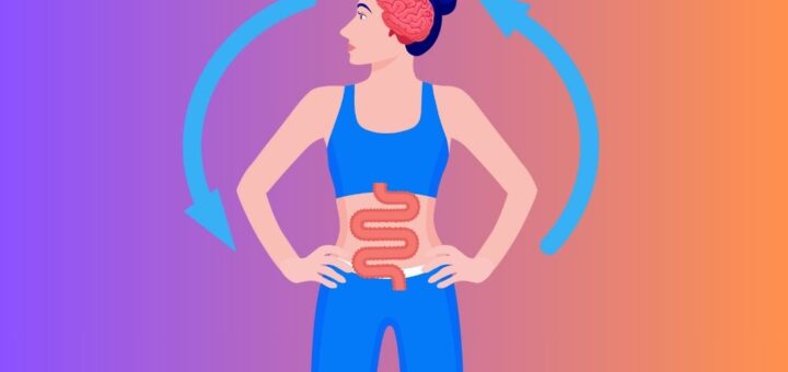 Ilustracja kobiety w stroju sportowym z graficznym przedstawieniem mózgu i jelit połączonych strzałkami, symbolizującymi dwukierunkową oś jelito–mózg.