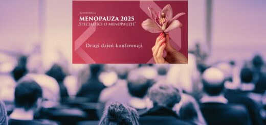 Grafika promująca konferencję Menopauza 2025 z hasłem ‘Drugi dzień konferencji’, z różowym tłem i dłonią trzymającą kwiat orchidei.
