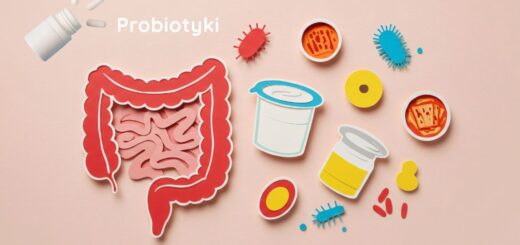 Ilustracja jelit, kapsułek i produktów fermentowanych przedstawiająca probiotyki w kontekście braku oficjalnych zaleceń i stanowiska ekspertów.