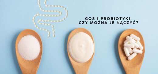 GOS i probiotyki – czy można je łączyć? Ilustracja jelit, prebiotyków i suplementów wspierających mikrobiotę jelitową.