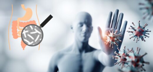 Ilustracja przedstawiająca jelita z mikrobiotą oraz układ odpornościowy człowieka blokujący patogeny, symbolizująca wpływ jelit na odporność.