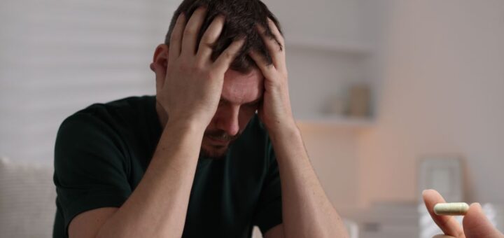 Mężczyzna siedzi z głową w dłoniach, wyglądając na przygnębionego lub zestresowanego, podczas gdy w pierwszym planie ktoś trzyma kapsułkę probiotyku.