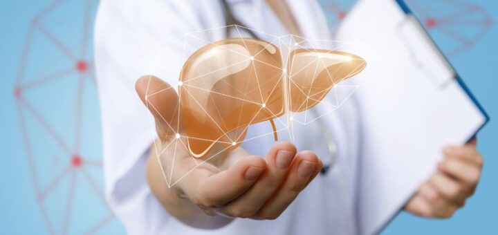 Lekarz trzymający holograficzny model wątroby, symbolizujący diagnostykę i wsparcie terapii stłuszczeniowej choroby wątroby, w tym rolę probiotyków w MASLD.