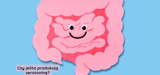 Uśmiechnięte jelita jako ilustracja artykułu wyjaśniającego, czy jelita produkują serotoninę i jak wpływa ona na trawienie oraz oś jelito–mózg.