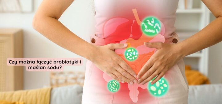 Czy można łączyć probiotyki i maślan sodu – ilustracja jelit, bakterii jelitowych i wsparcia mikrobioty oraz bariery jelitowej.