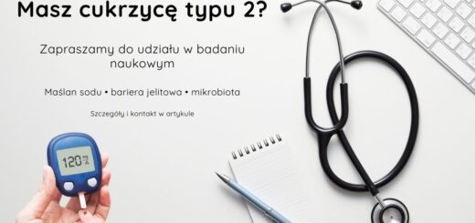 Grafika z zaproszeniem do udziału w badaniu naukowym dla osób z cukrzycą typu 2, dotyczącego maślanu sodu, bariery jelitowej i mikrobioty.