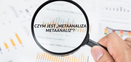 Lupa nad dokumentami zawierającymi wykresy i dane statystyczne, ilustrująca analizę wielu metaanaliz w ramach umbrella meta-analysis.